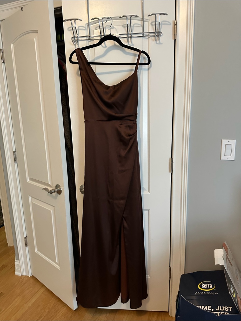 Revelry Chocolate Brown One-Shoulder Satin Evening Gown